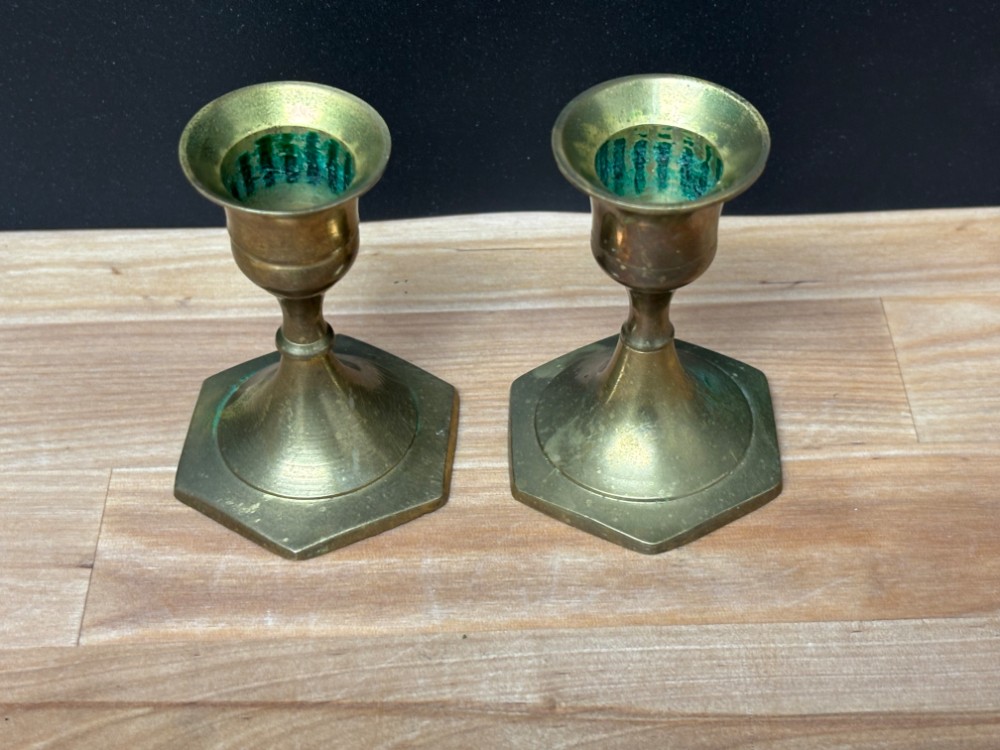 Brass Candlestick Holders Pair Hexagon Base Vintage Taper Candle Holders
