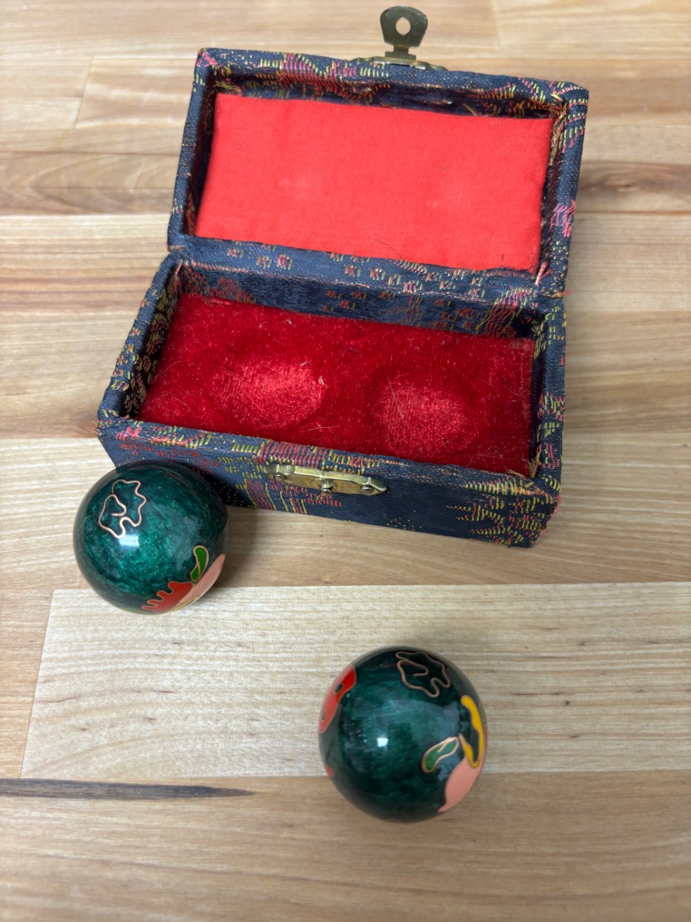 Chinese Cloisonné Baoding Meditation Exercise Balls with Brocade Box