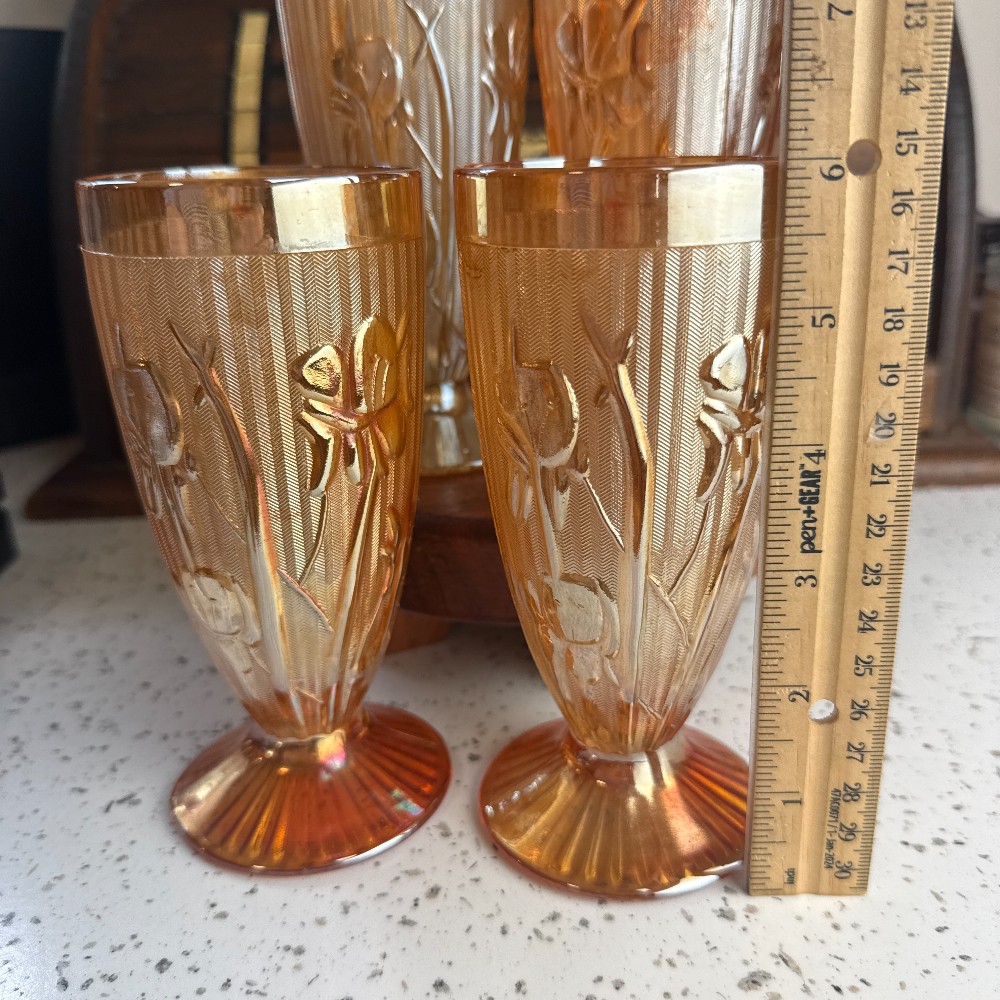 Jeannette Glass Iris and Herringbone Marigold Carnival Glass Footed Tumblers Set of 4 - DANA