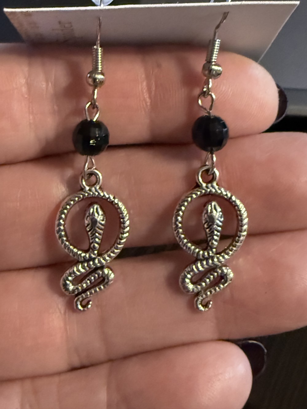 Earrings - Petite Circled Snake Black Bead Snake, Serpent, Snakes, Serpents