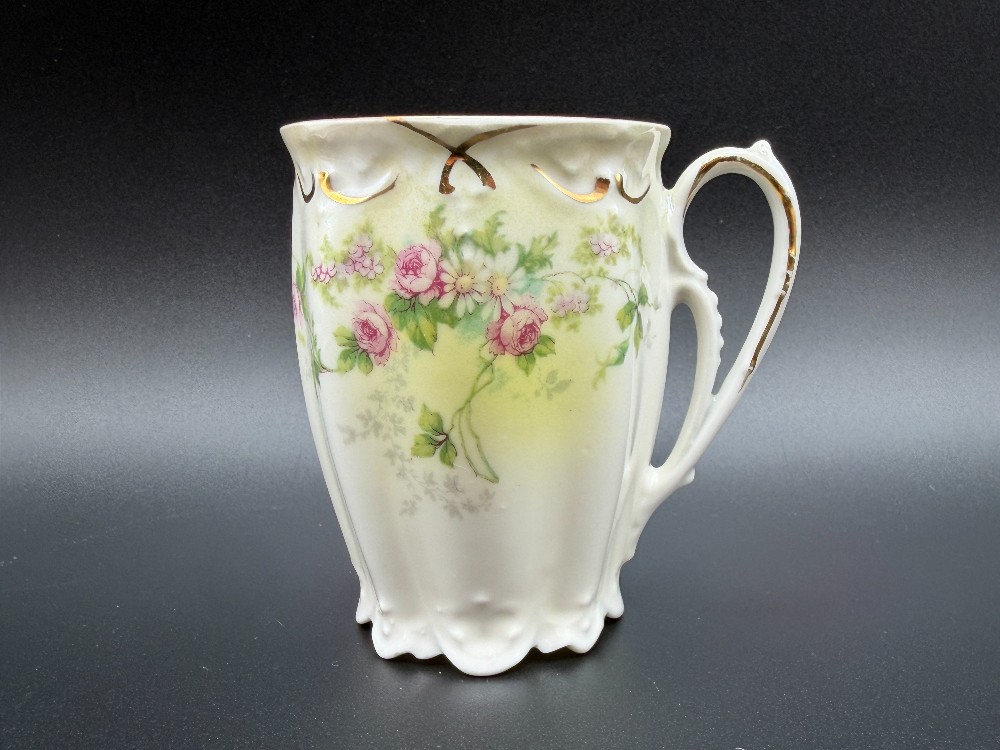 Antique M.Z. Austria Porcelain Scalloped Cocoa Mug and Saucer Set - Pink Rose & Gold Gilt - c. 1884-1909