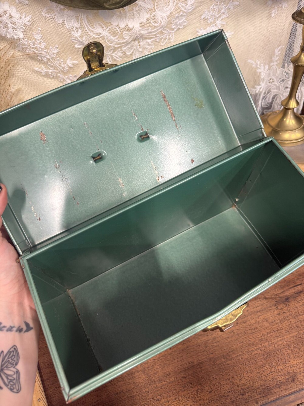Green Metal File Box with Brass Latch and Handle