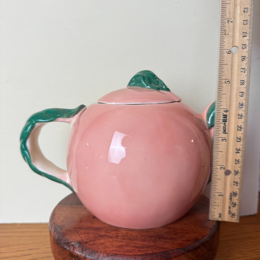 Pink Ceramic Peach-Form Teapot with Cherries & Blackberries