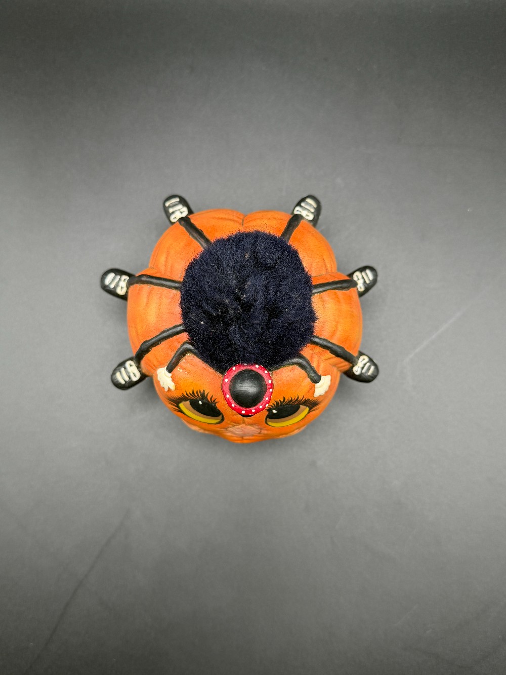 1986 Dona's Molds Hand-Painted Ceramic Pumpkin Spider Figurine - Retro Halloween Kitsch