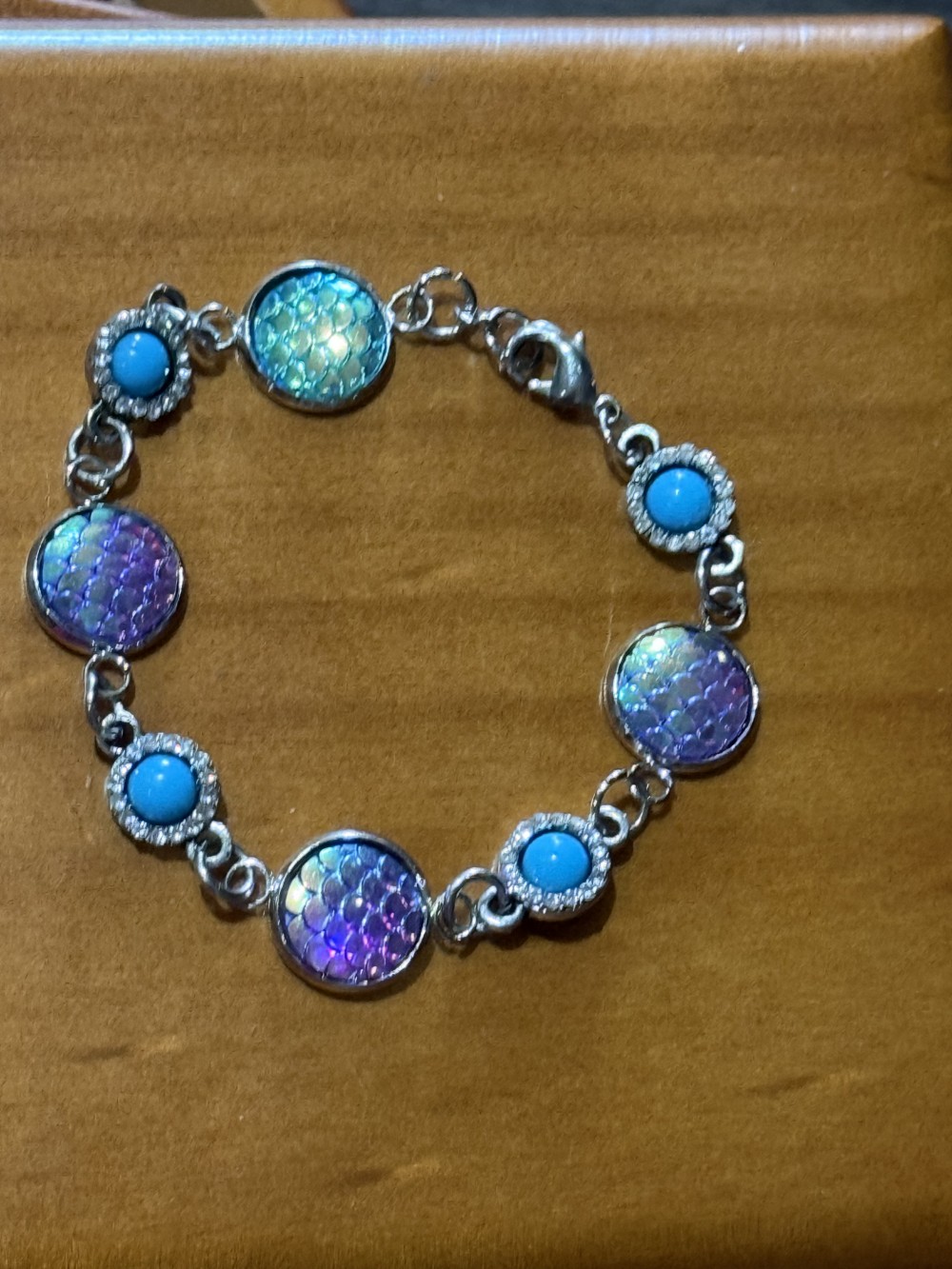 Bracelet Mermaid or Dragon Skin Medallions with Teal & Rhinestone Accents
