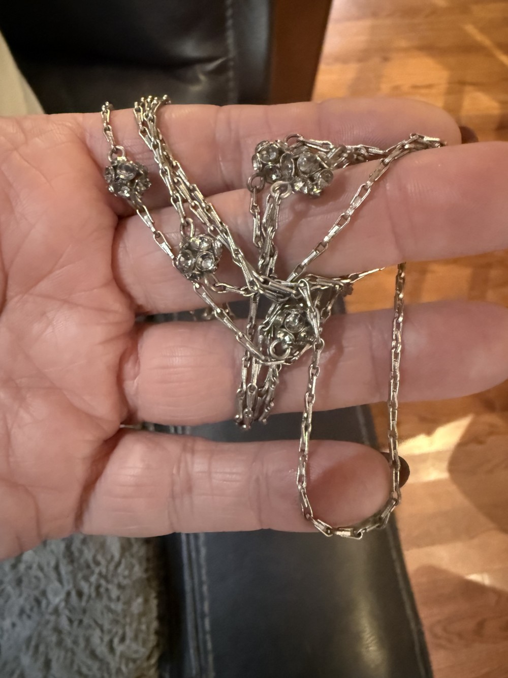 Long Necklace Silver Rhinestone Beads and Chain