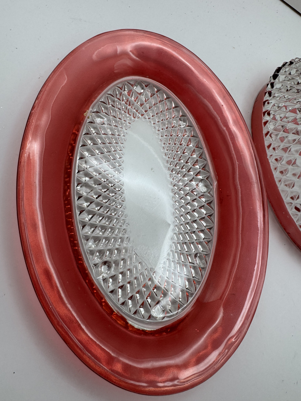 RUBY RED BUTTER DISH,  DIAMOND POINT PATTERN