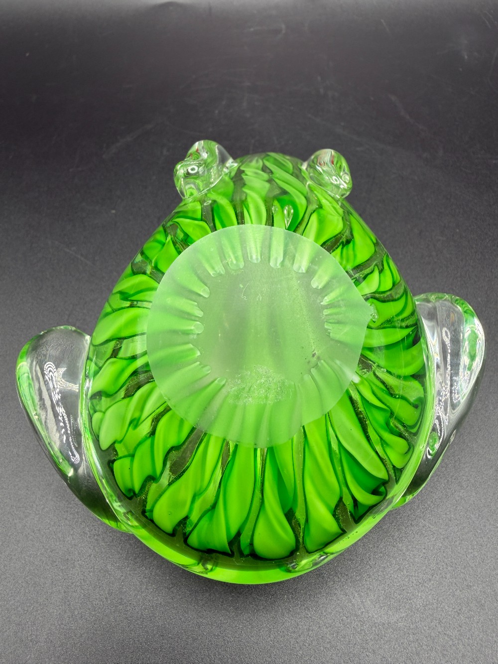 Vintage Murano Style Art Glass Frog Paperweight - Green Swirl Figurine