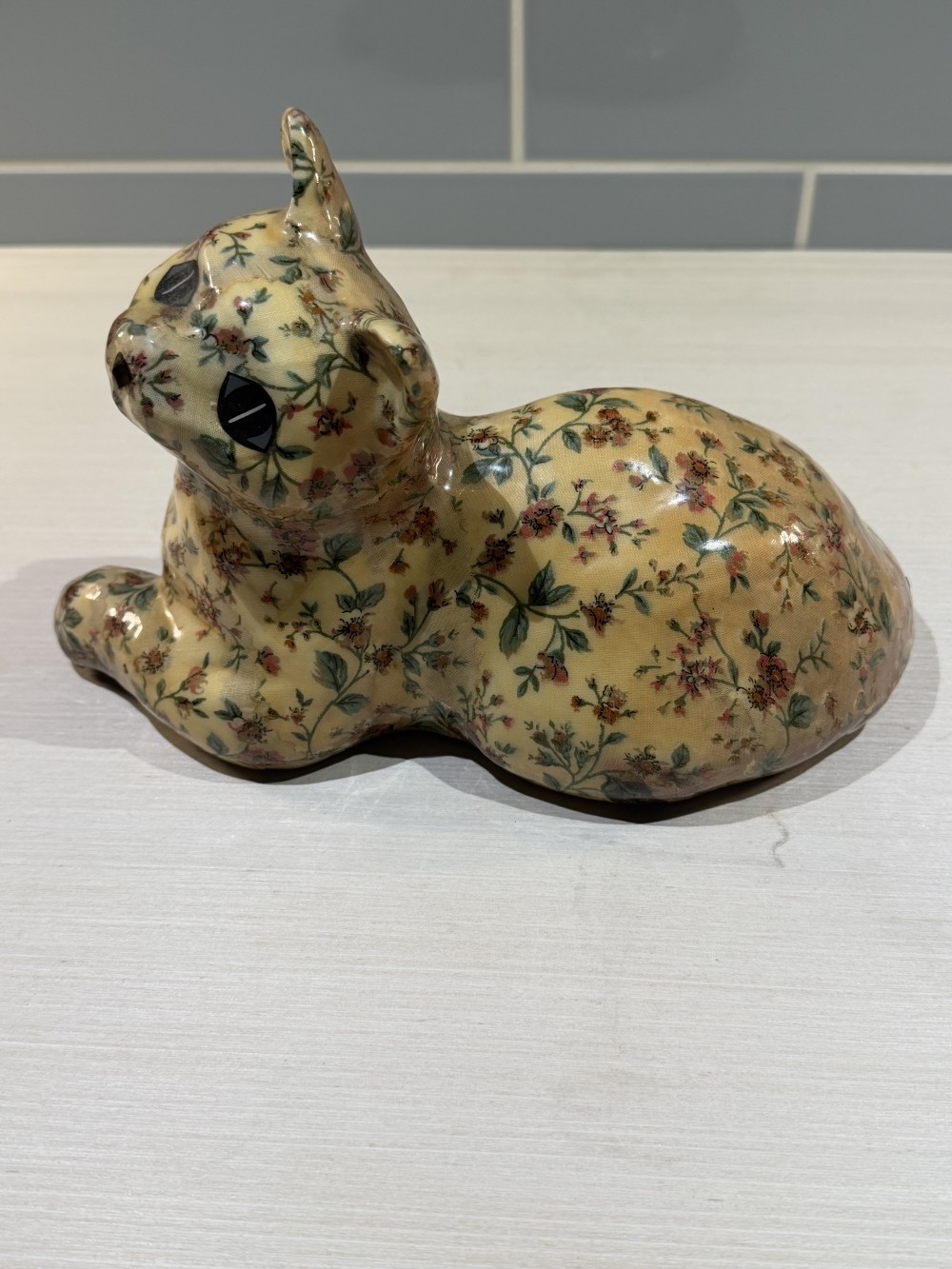 Vintage Floral Decoupage Figurine Cat 9’