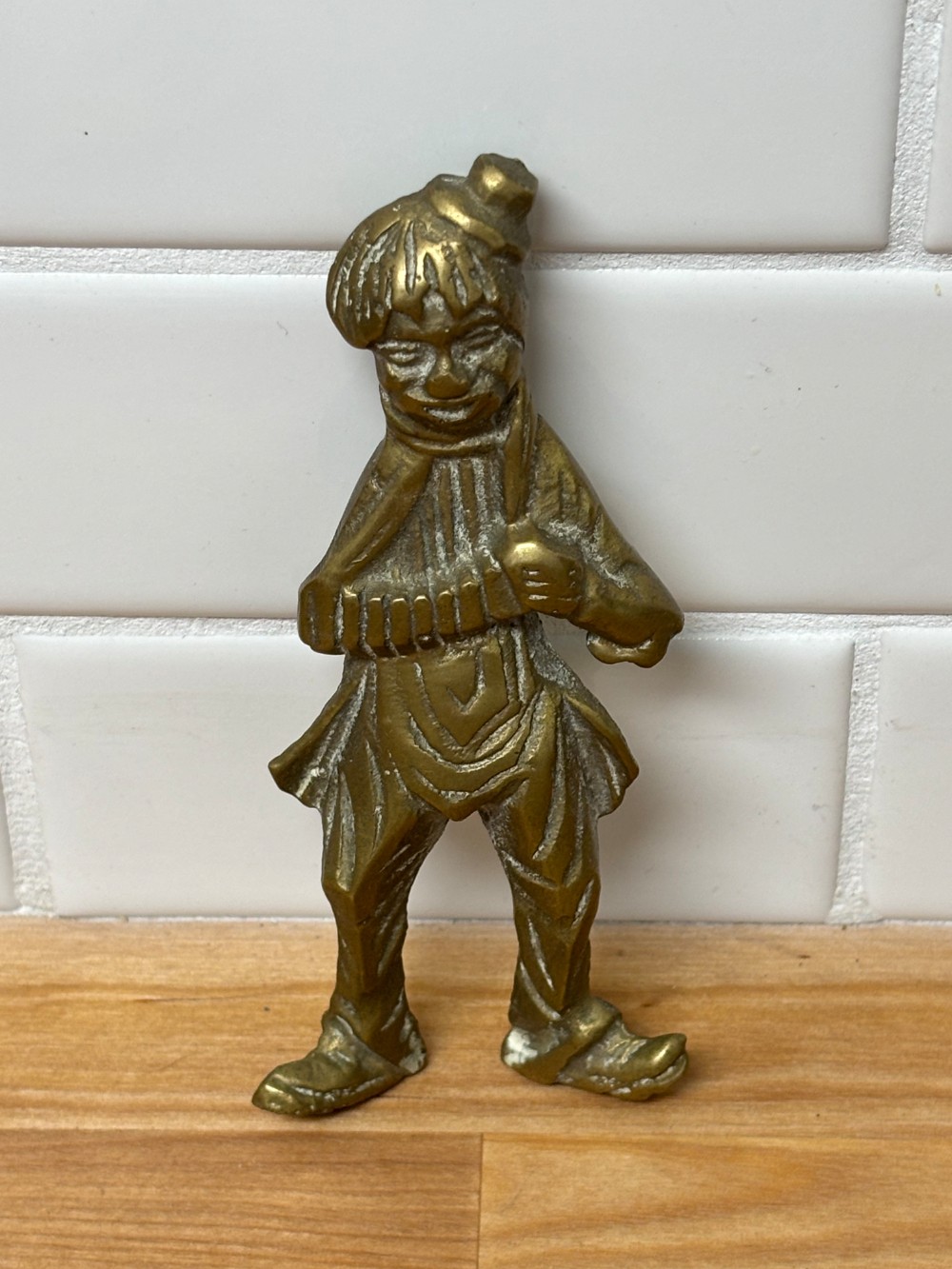 Brass Clown Accordion Player Wall Plaque Vintage Cast Brass Figure