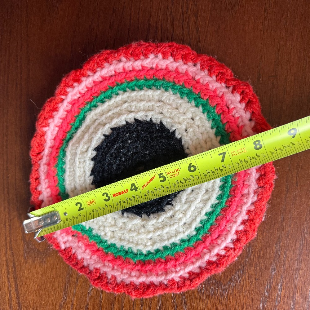 Vintage Handmade Crochet Round Trivet, Red Pink Green Cream & Black Concentric Rings