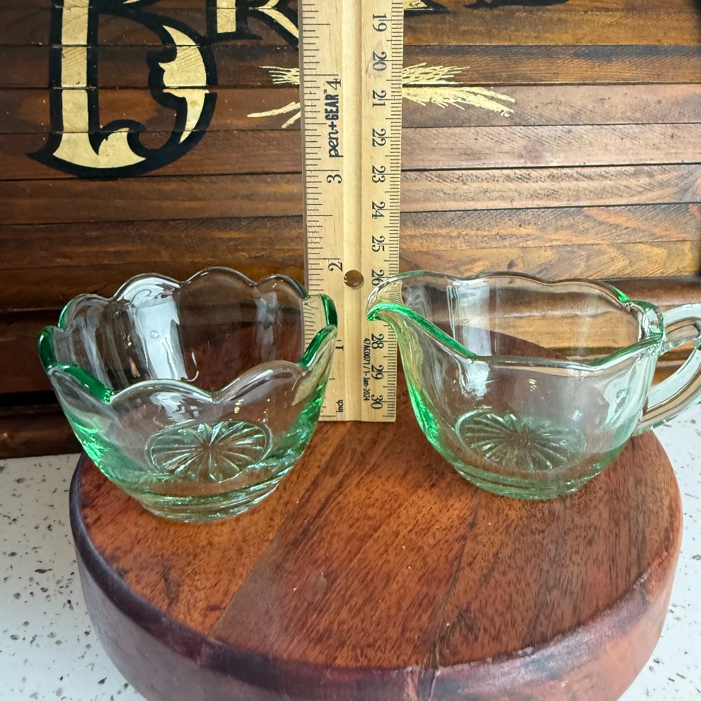 Green Glass Scalloped Creamer and Sugar Set - DANA