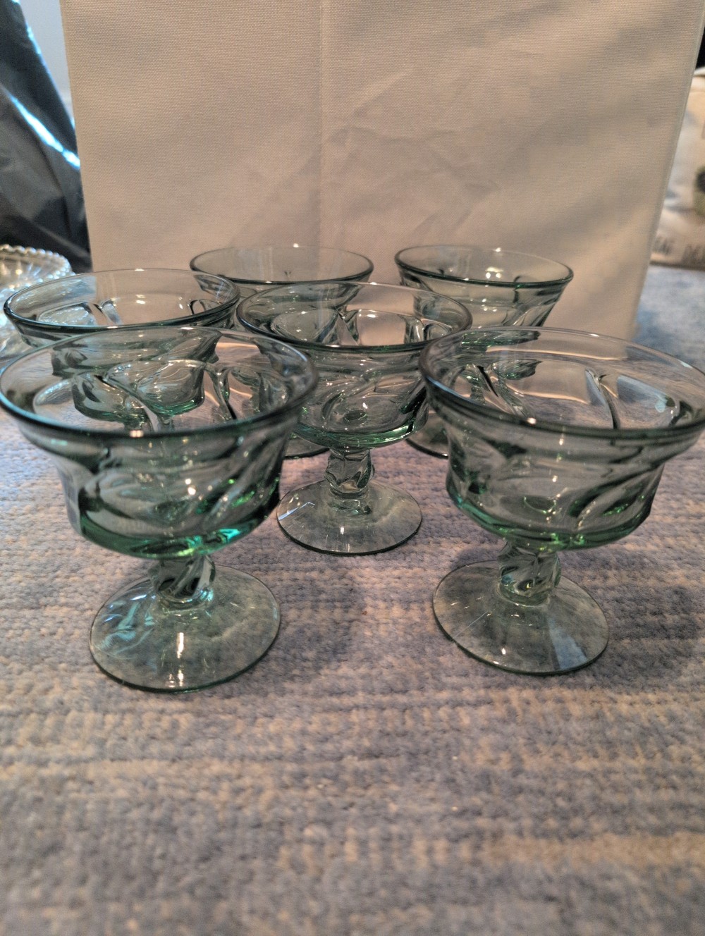 Vintage Fostoria Jamestown Swirl Green Champagne Glasses Set/6