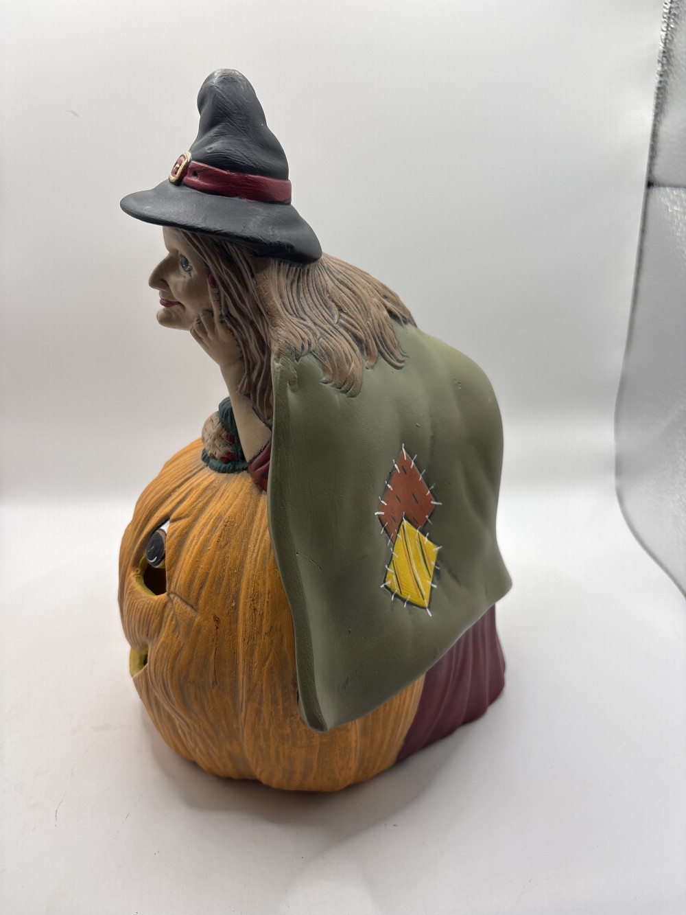 Ceramic Handpainted Witch on Jack O Lantern 10 inch tall x 7 inch As-is