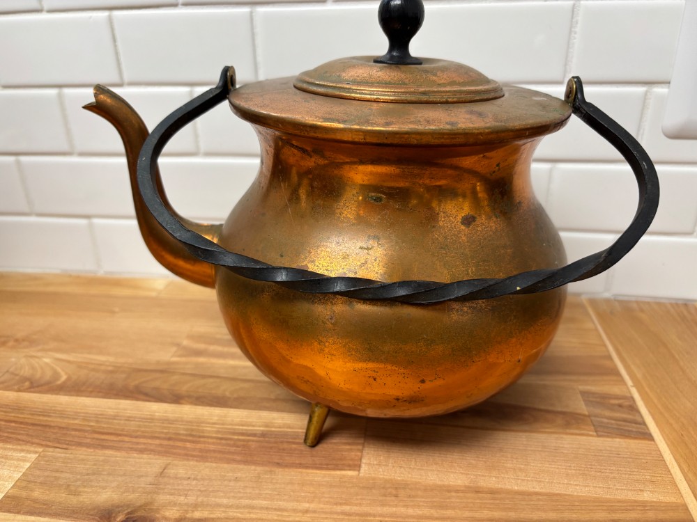 Copper Tea Kettle MCM Hammered Footed Wrought Iron Handle Vintage Unmarked