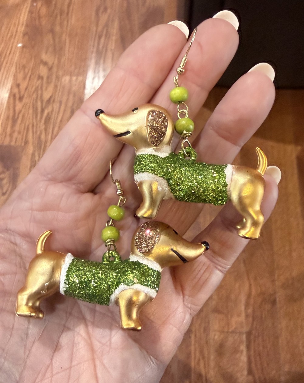 Earrings - Dachshund in Green Glittered Sweater, Doxie, Dog