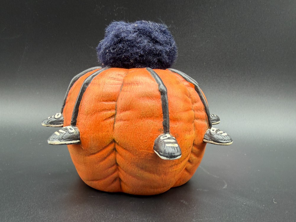 1986 Dona's Molds Hand-Painted Ceramic Pumpkin Spider Figurine - Retro Halloween Kitsch