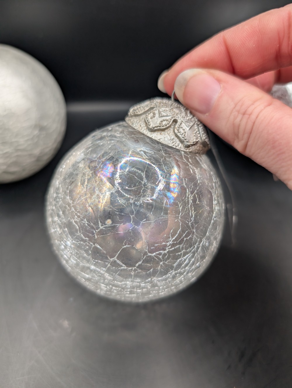 set of three vintage Kugel-style mercury crackle glass Christmas ornaments