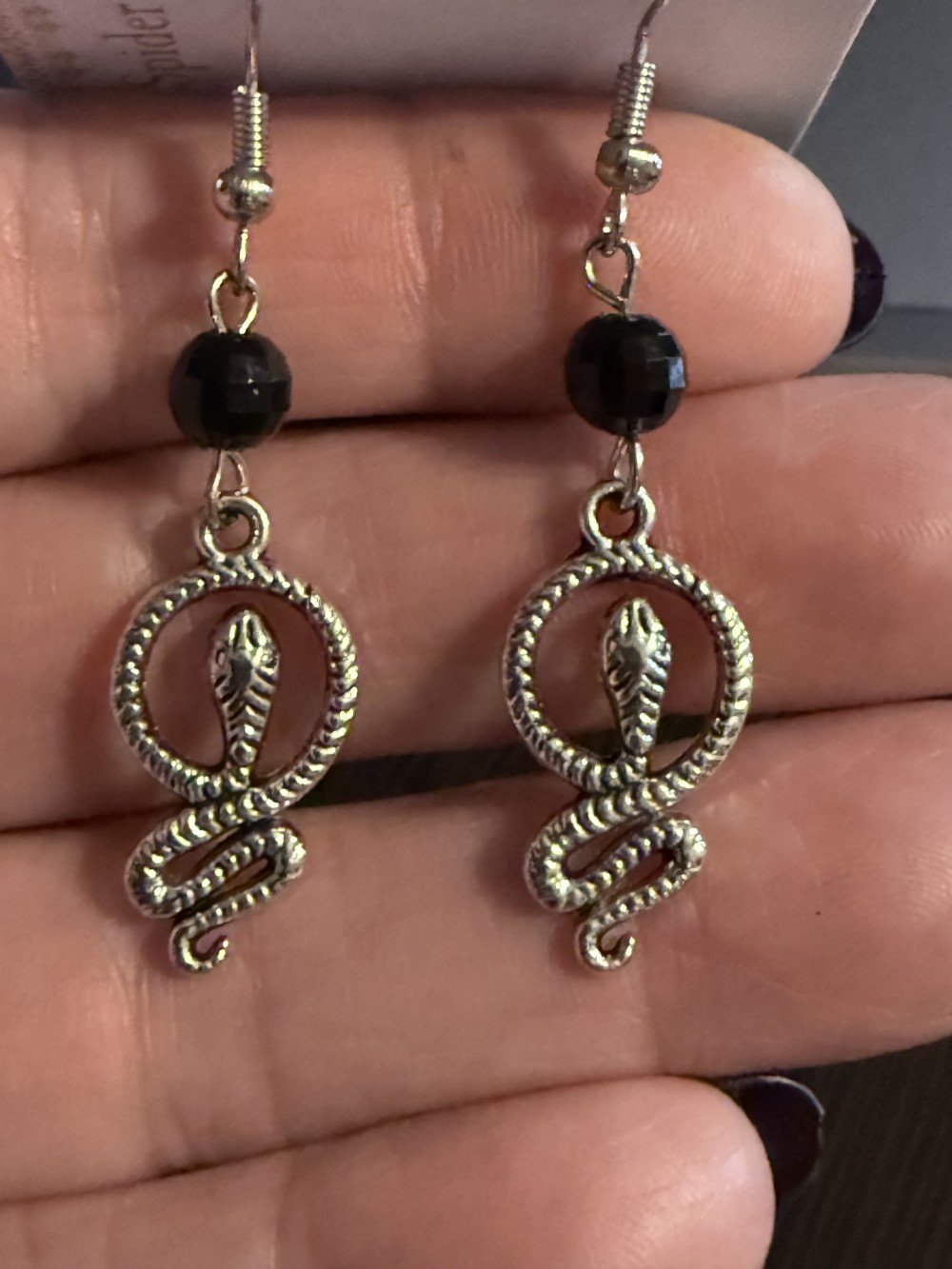Earrings - Petite Circled Snake Black Bead Snake, Serpent, Snakes, Serpents