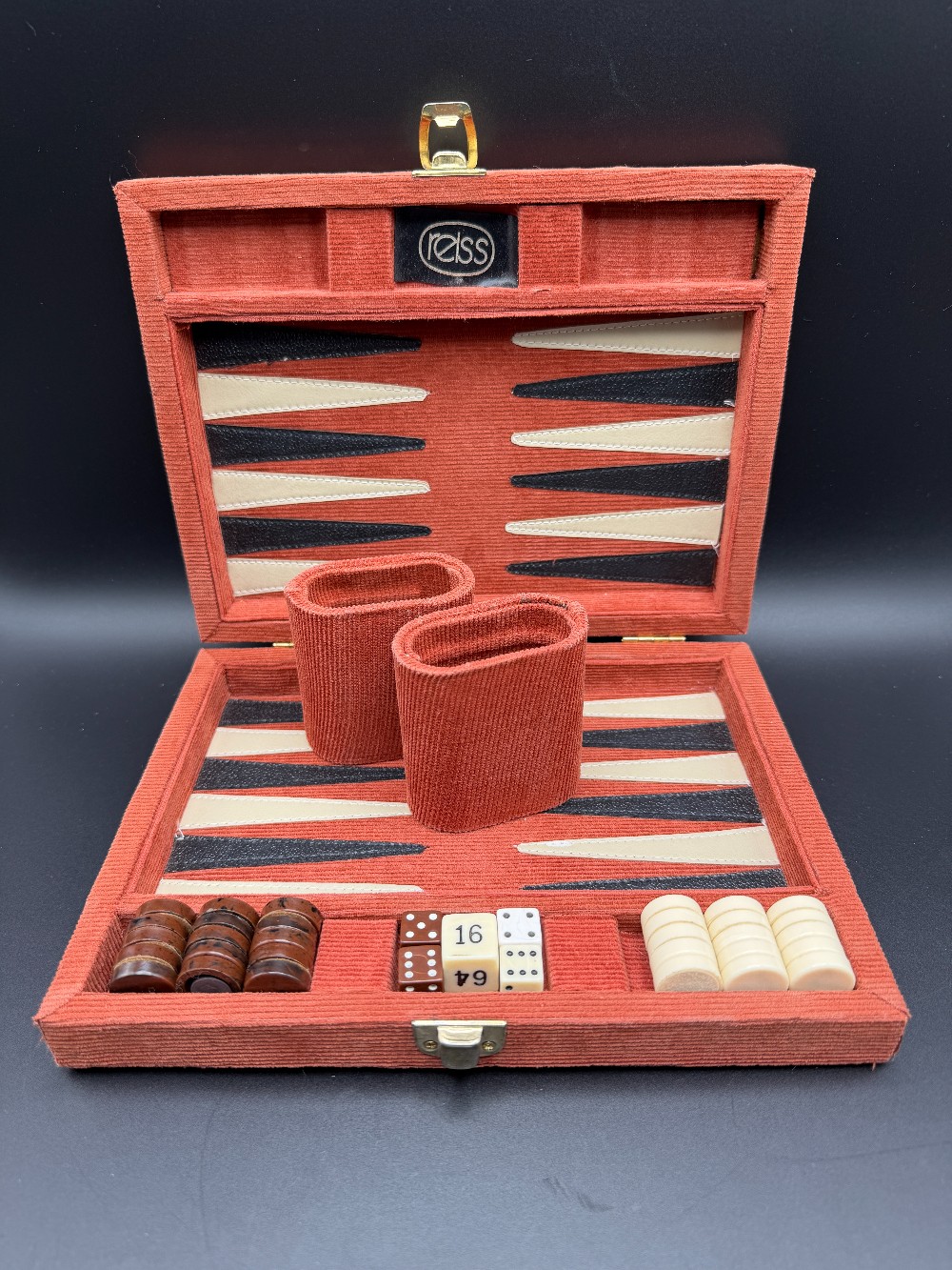Vintage 1970s Reiss Games Travel Backgammon Set - Rust Orange Corduroy Briefcase Case (Complete)