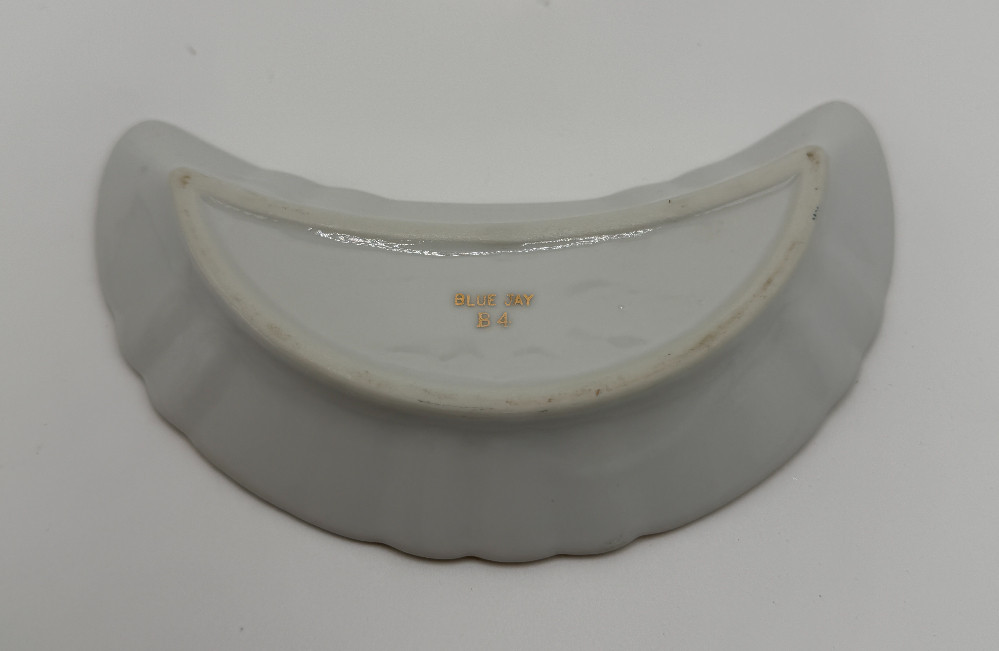 Vintage Porcelain Crescent Bone Dish – Blue Jay & Pinecone Pattern