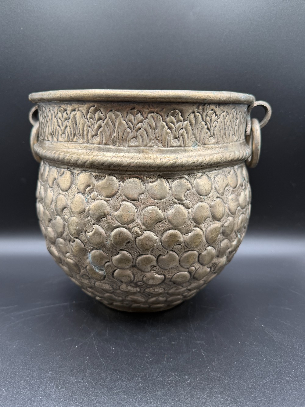 Modern Boho Hand-Hammered Indian Brass Jardinière Planter Cachepot with Ring Handles