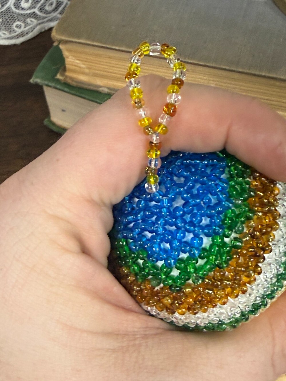 Beaded Ball Ornament Blue Green Yellow Seed Beads