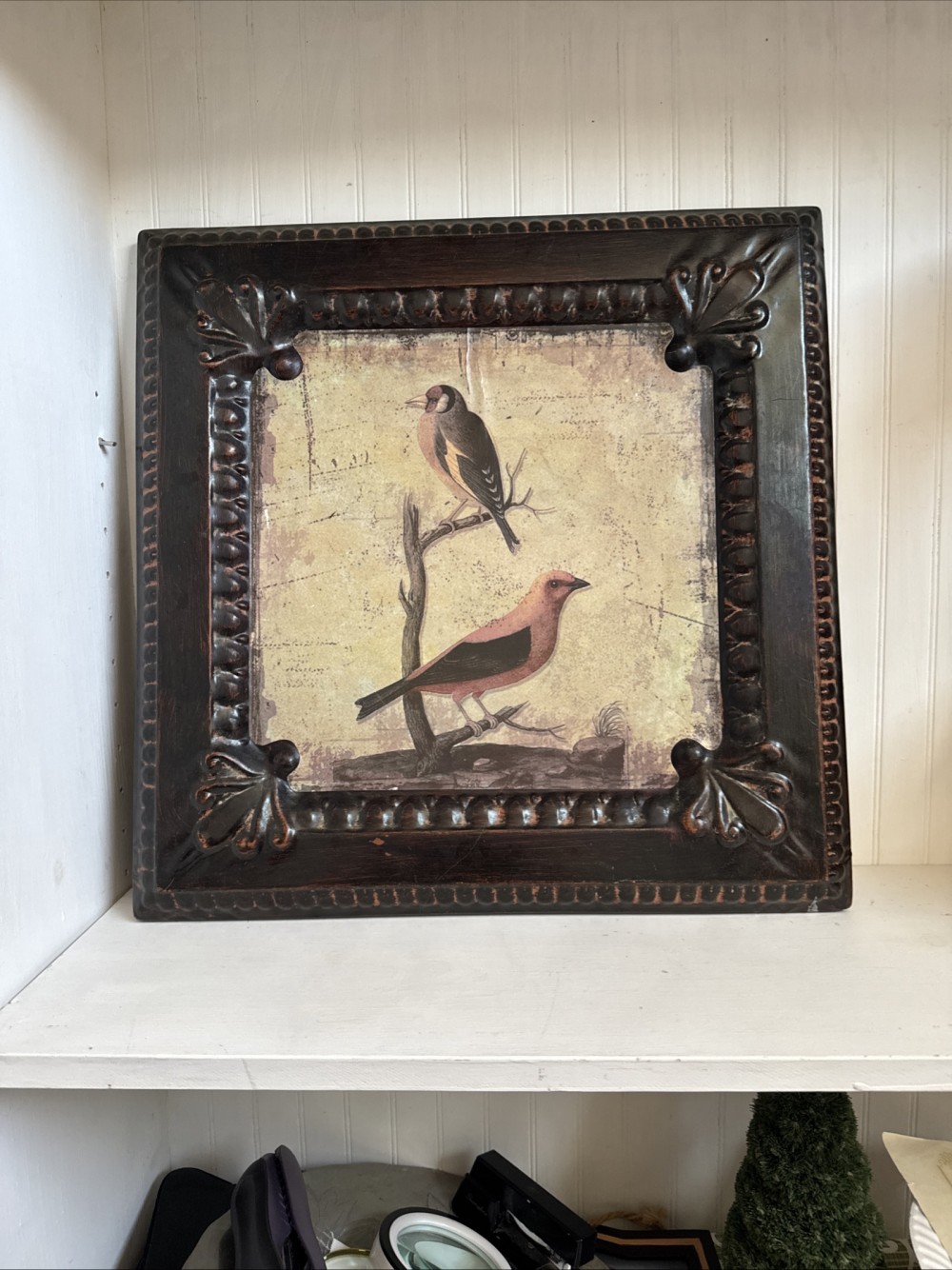 BIRD PRINT DECOPAGE ON DARK METAL FRAME