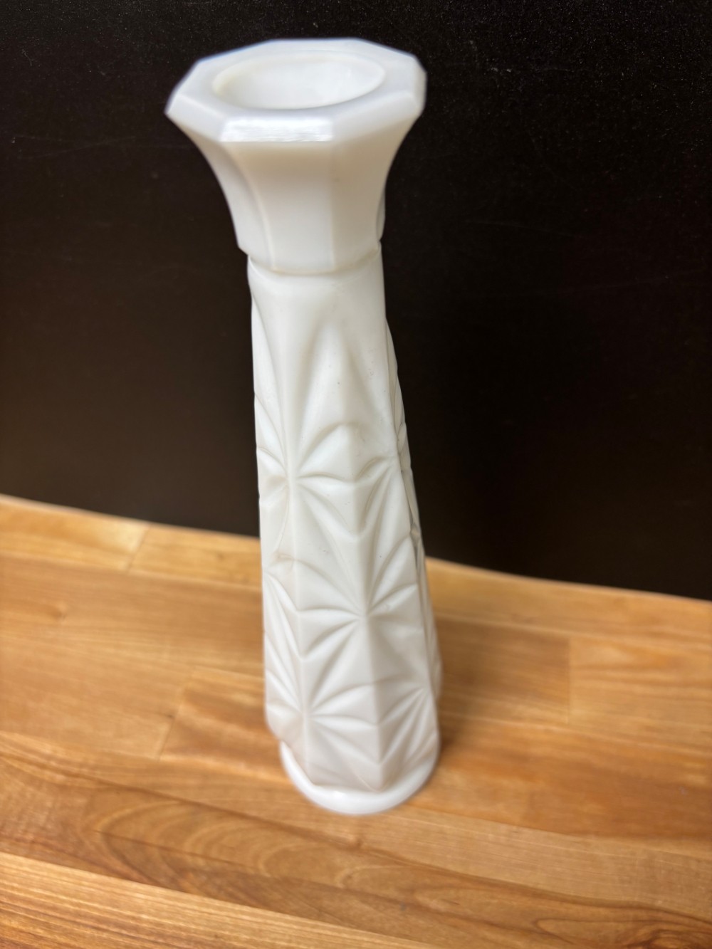 Milk Glass Bud Vase Starburst Pattern White 9 Inch Mid Century Vintage