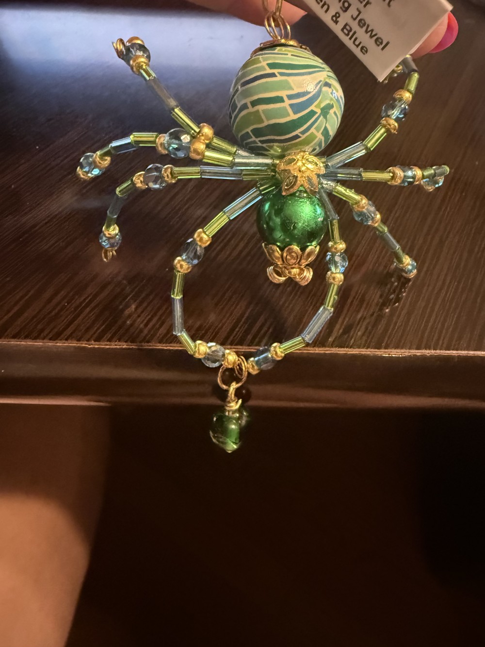 Ornament Spider Dangling Jewel Green & Blue