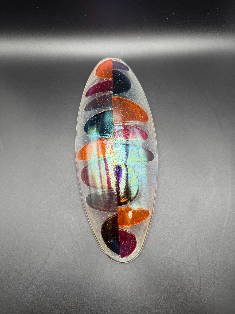 Signed Shepardson Studios 13 Inch Fused Art Glass Long Boat Bowl - Iridescent Dichroic Abstract