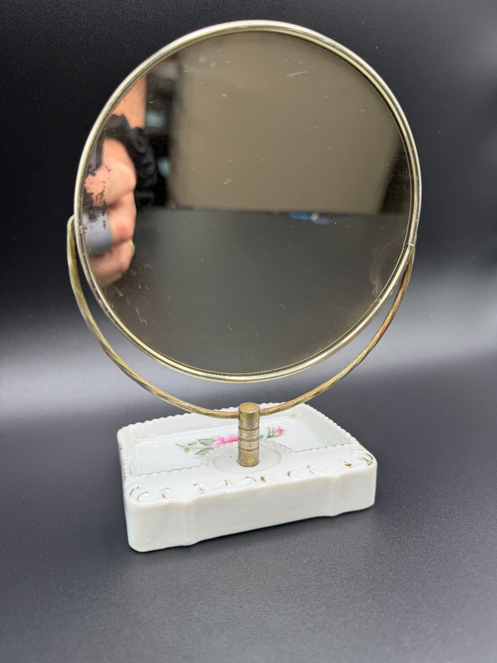 Vintage Porcelain Pink Rose Swivel Vanity Mirror with Trinket Tray - Made in Japan