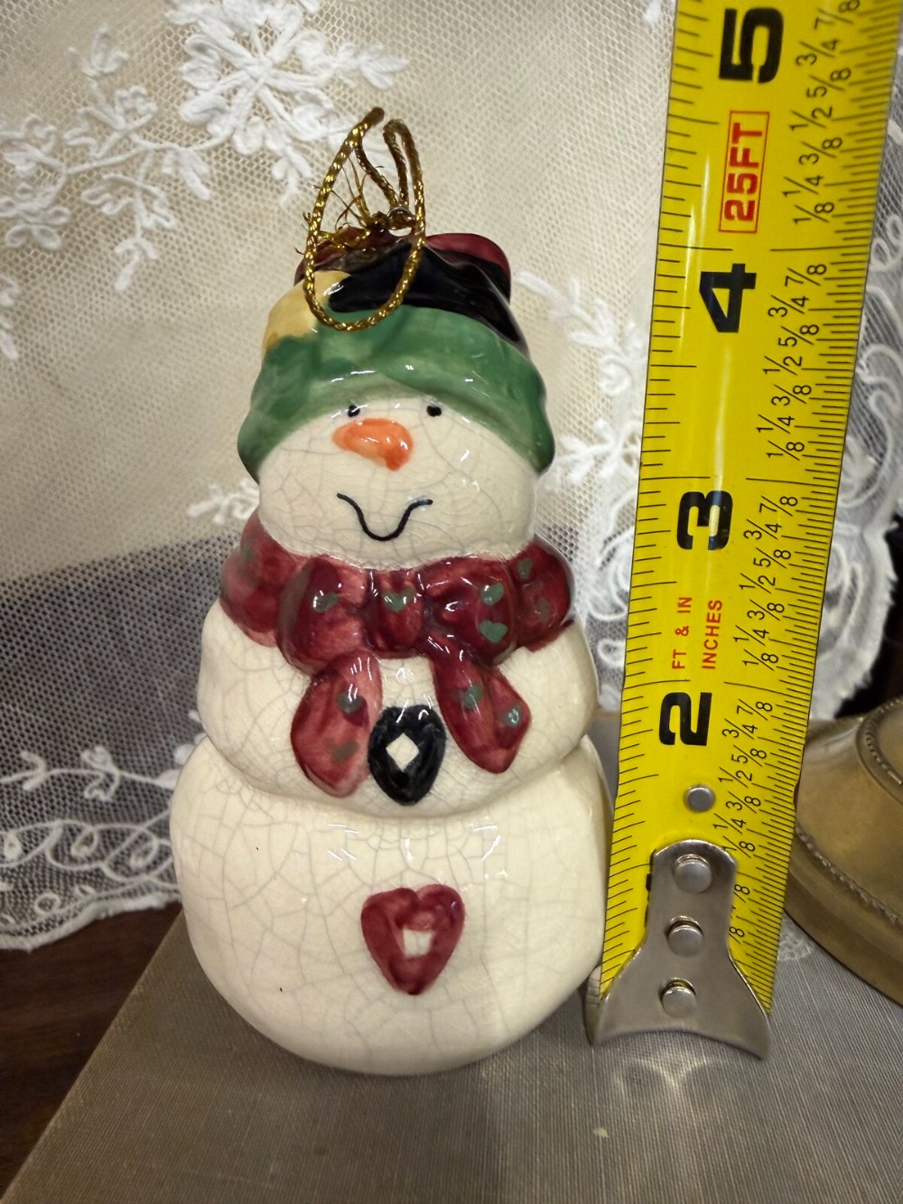 Ceramic Snowman Bell Ornament Crackle Glaze