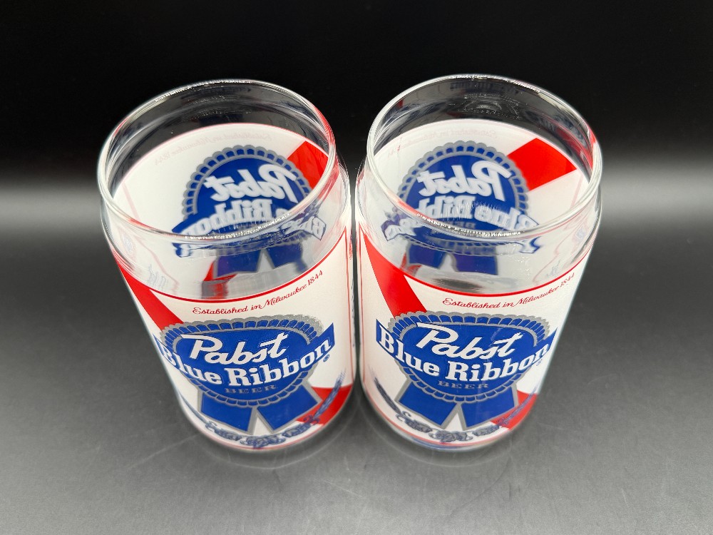 Pair Vintage Pabst Blue Ribbon Beer Can Glasses 16oz Libbey PBR Barware Set of 2