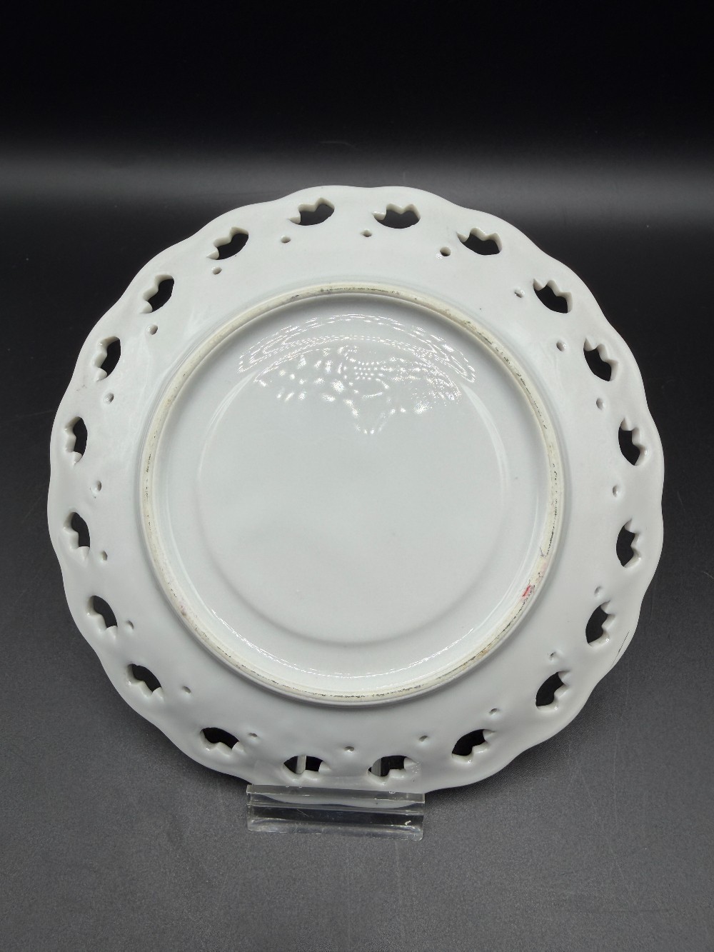 Vintage 1950s Reticulated Lusterware Saucer Heart Pierced Border Plate with Iridescent Finish & Floral Medallion
