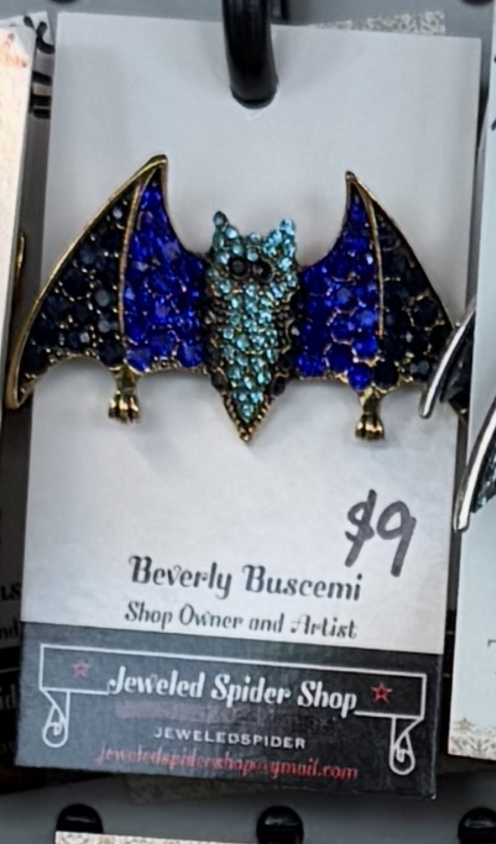 Brooch Pin Bat Rhinestone Black Blue Teal Gold