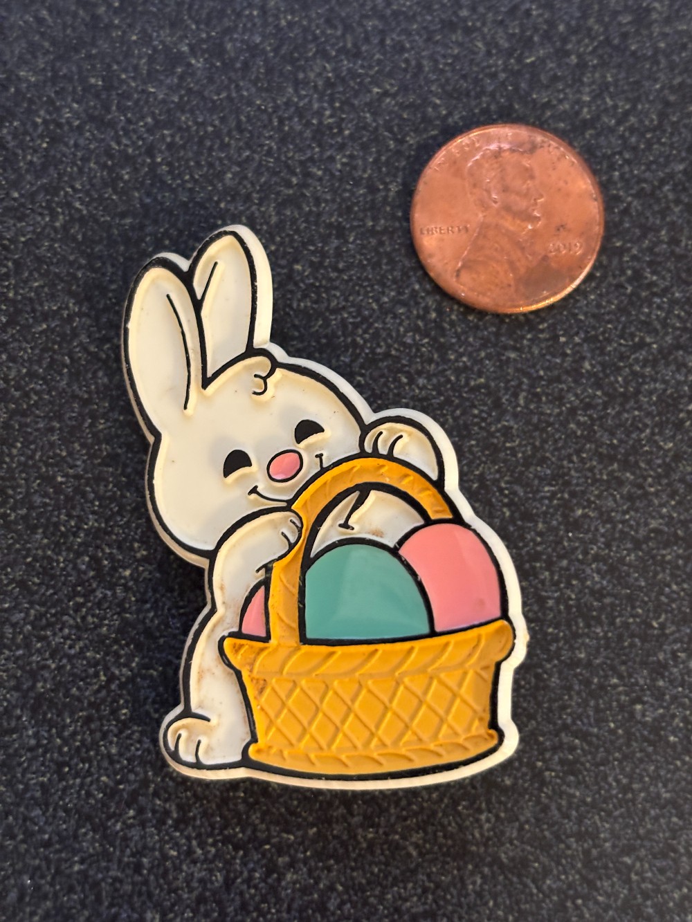 Easter white plastic bunny w/basket of eggs