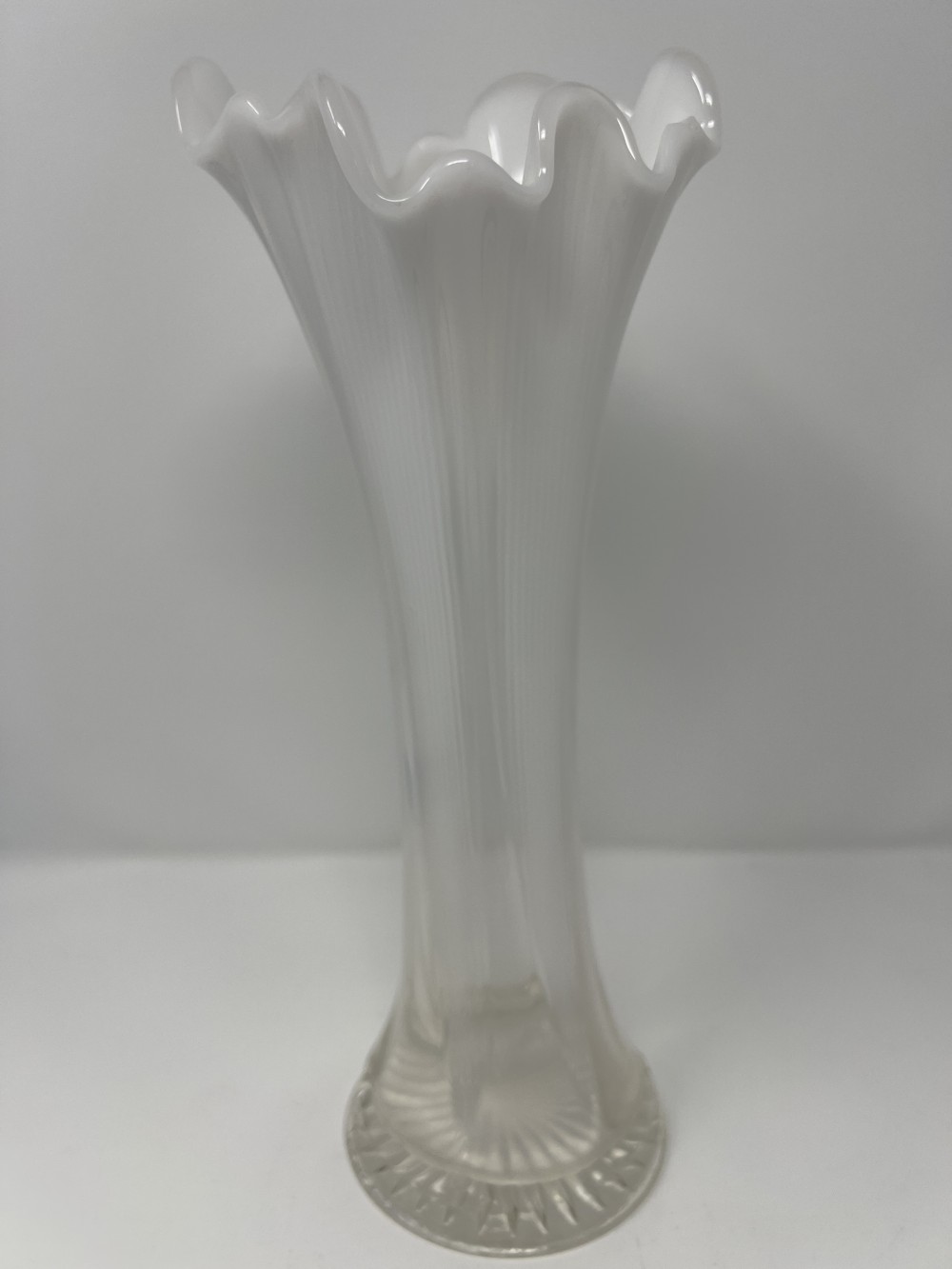 Opalescent Feather Swung Vase; small nick in finger