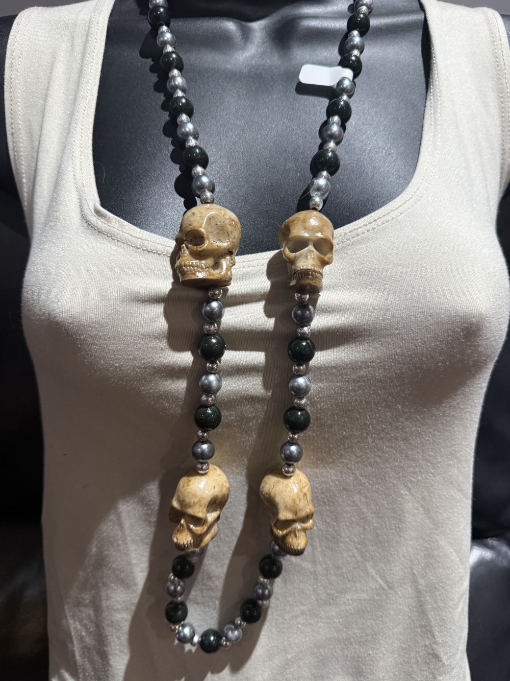 Necklace - Skulls Grey and Black Beads Long Necklace