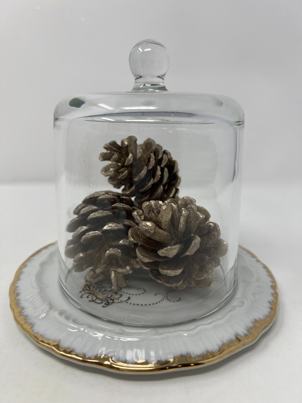 Glass Handled Cloche w/ vintage ceramic Base