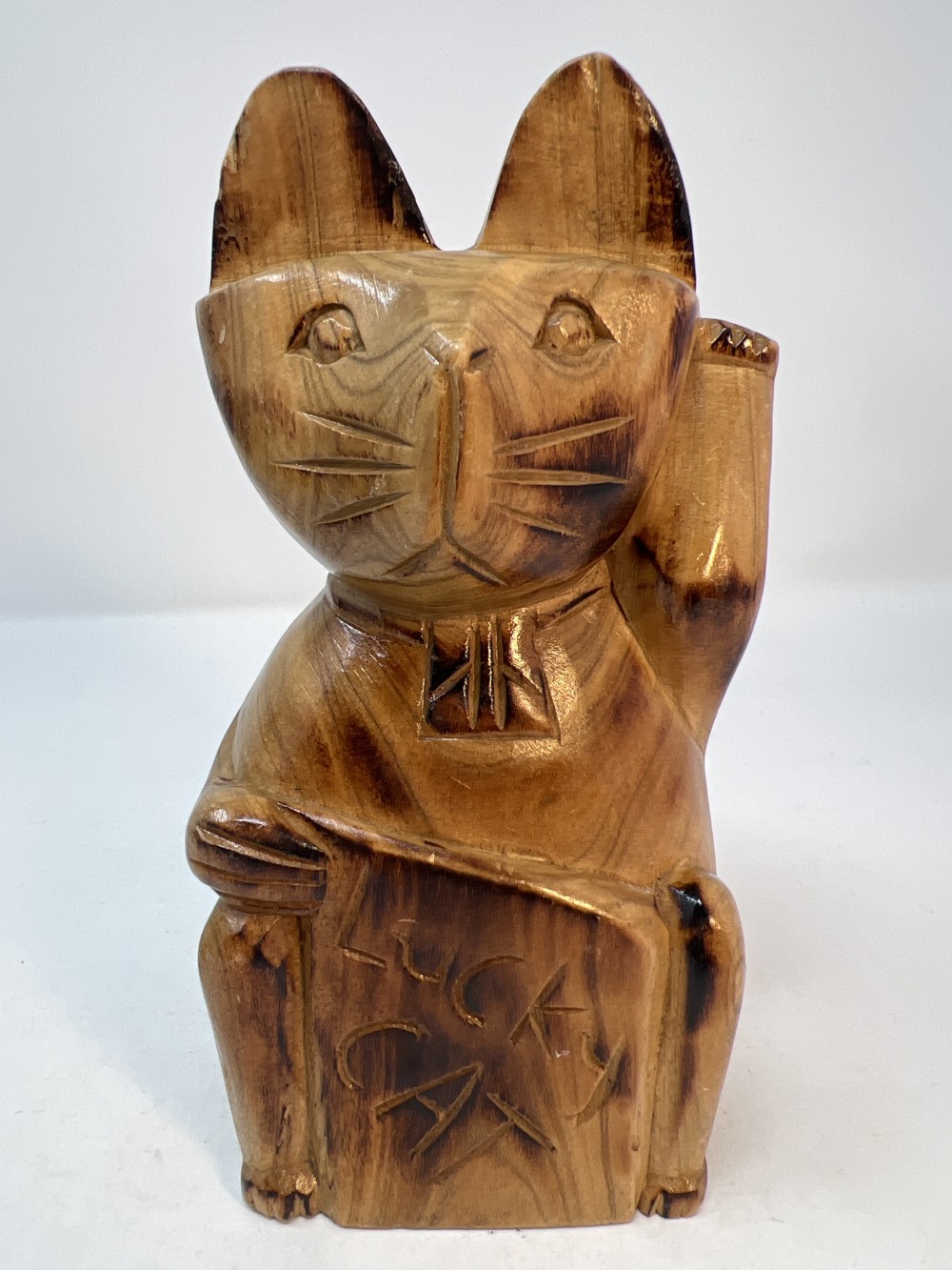 Vintage Lucky Cat Figure Hand Carved Wooden Statue