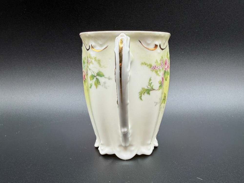 Antique M.Z. Austria Porcelain Scalloped Cocoa Mug and Saucer Set - Pink Rose & Gold Gilt - c. 1884-1909