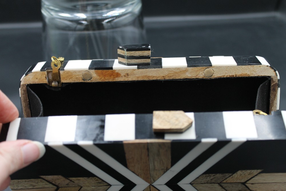 Geometric wood/resin chevron parquet box clutch purse