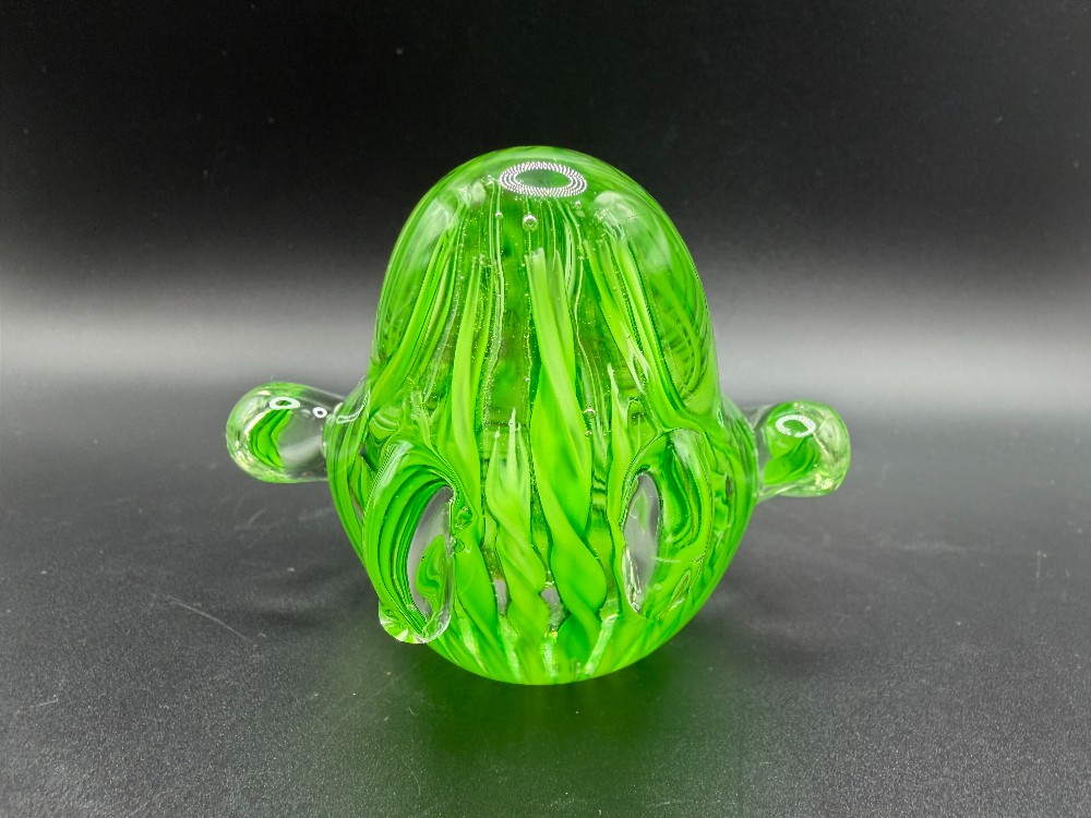 Vintage Murano Style Art Glass Frog Paperweight - Green Swirl Figurine