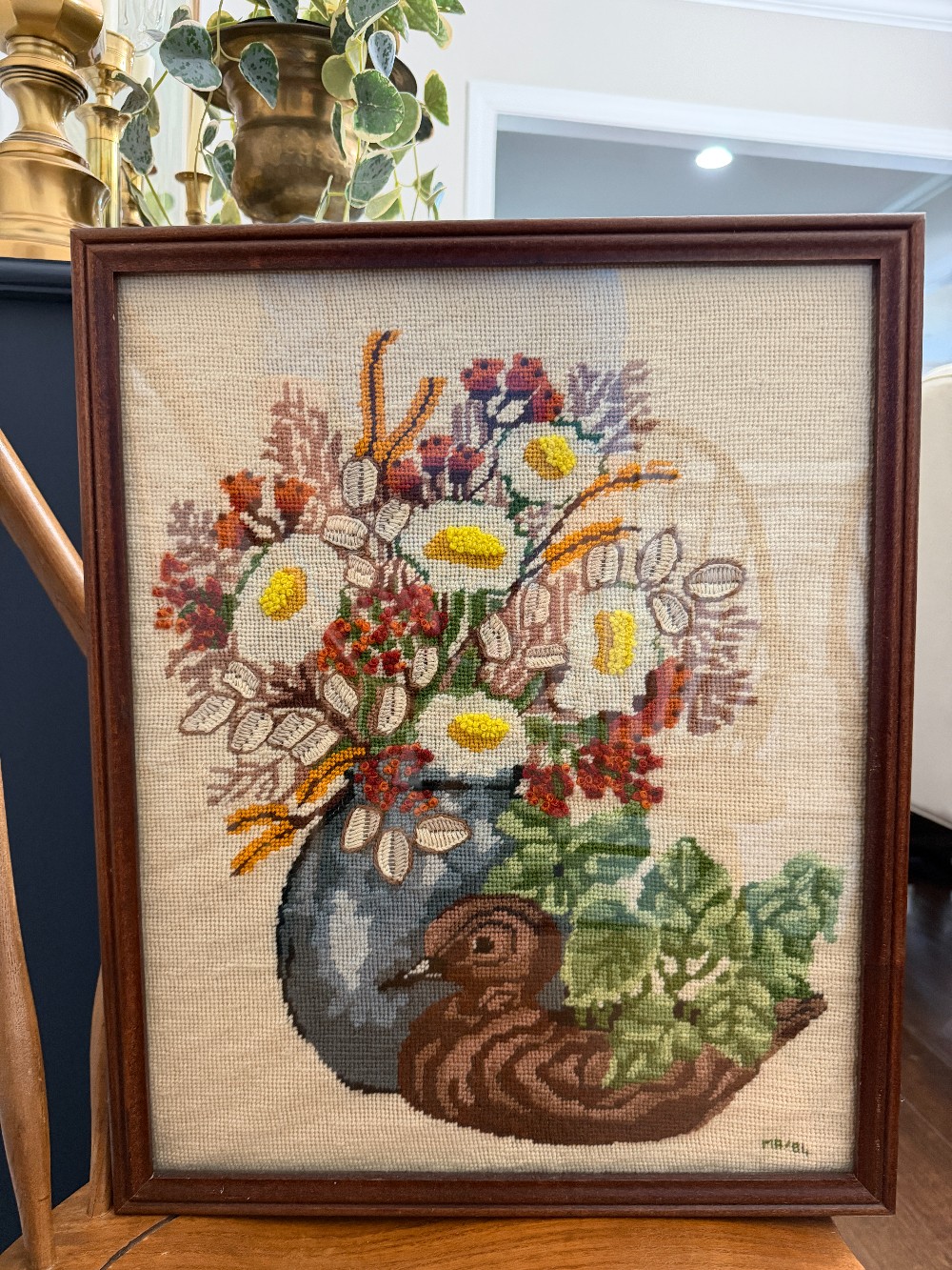 Vintage Finished Framed Crewel Embroidery Art - Duck Decoy & Floral Still Life Vase 1984 Signed