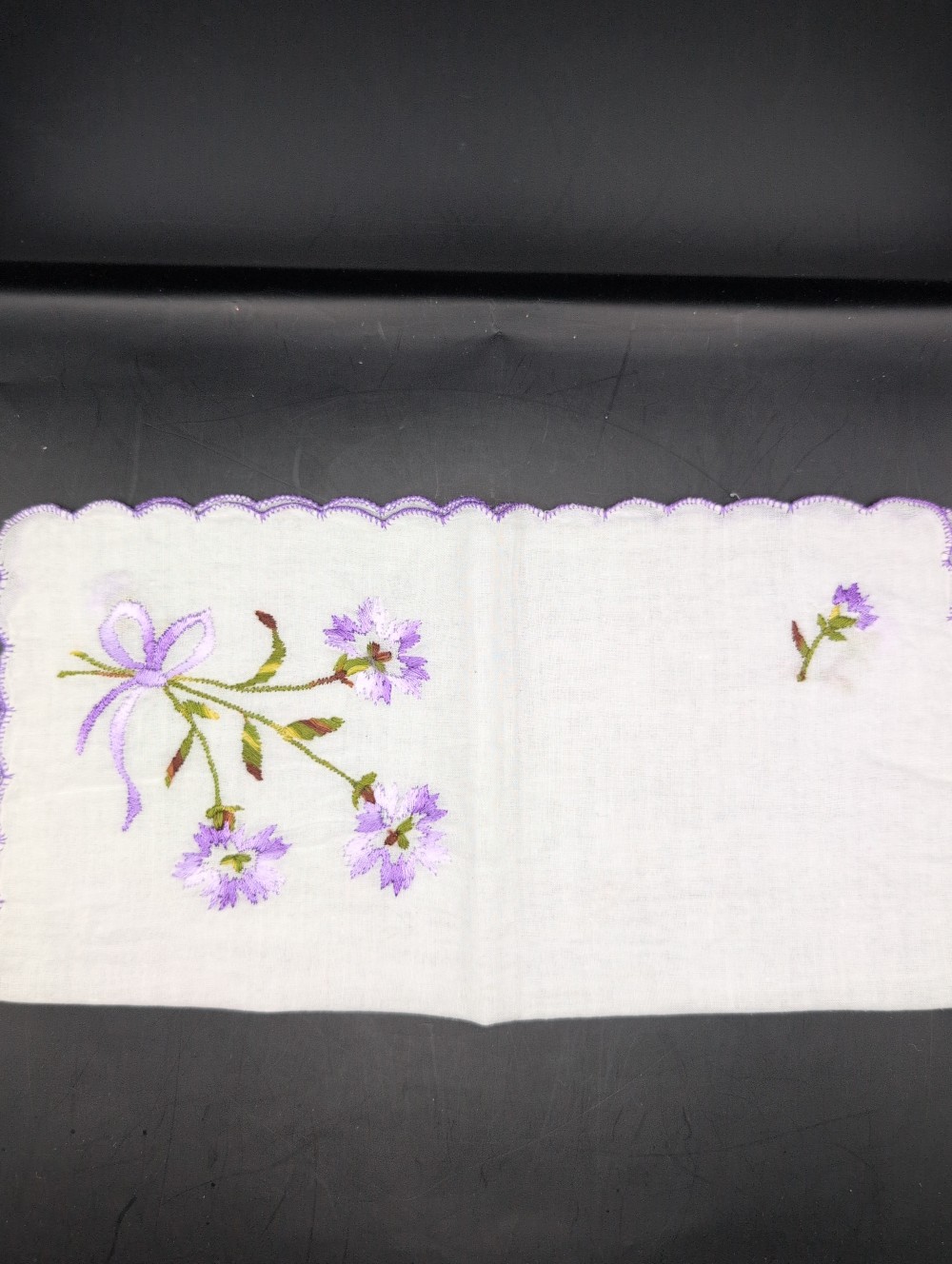 Handkerchief embroidered purple flowers/bow