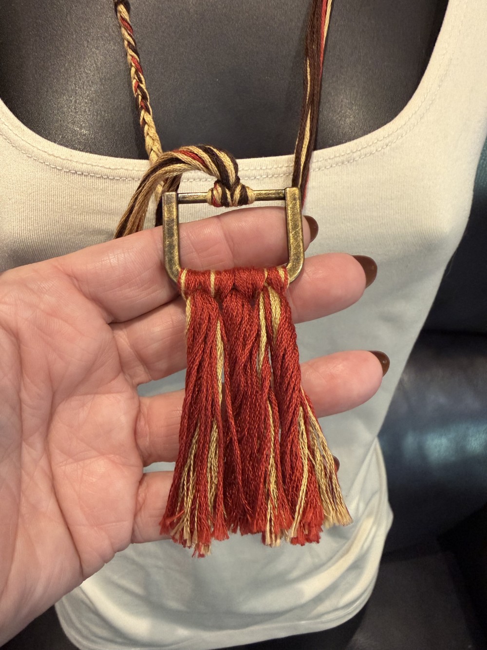 Necklace - Long Braided String Bronze Pendant