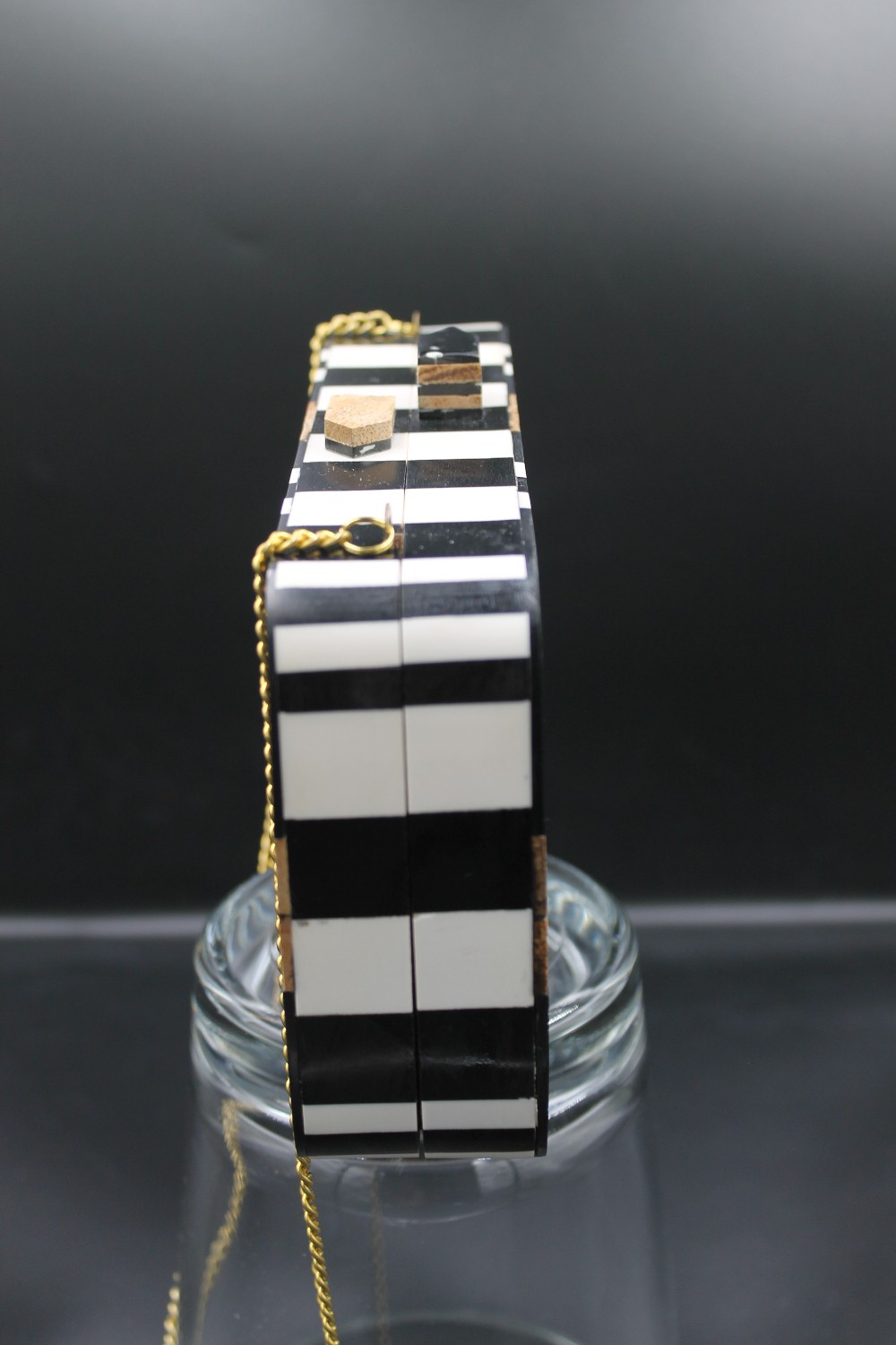 Geometric wood/resin chevron parquet box clutch purse