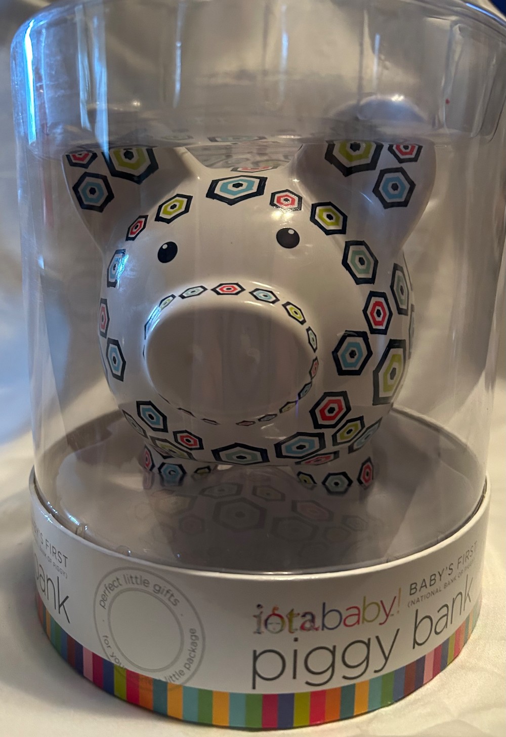 VTG Baby’s First Piggy Bank - C.R. Gibson - White Ceramic Geometric Hexagon pattern - Pig - Piggy Bank - NIB - See pics