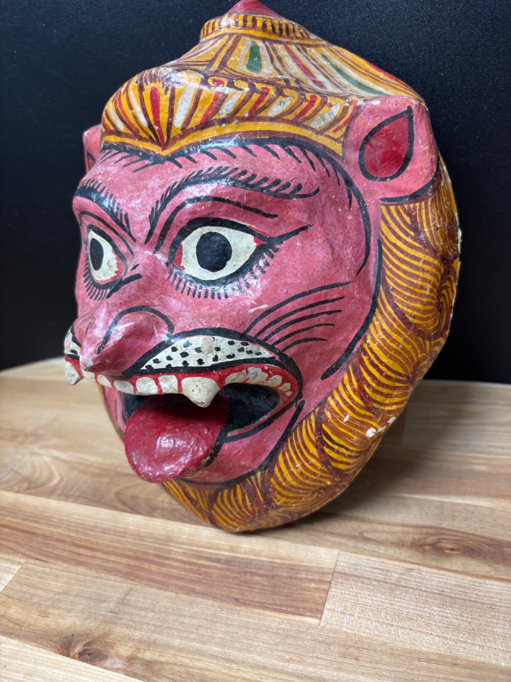 Hand Painted Papier Mache Hanuman Monkey Mask Indian Folk Art 1996 Wall Decor